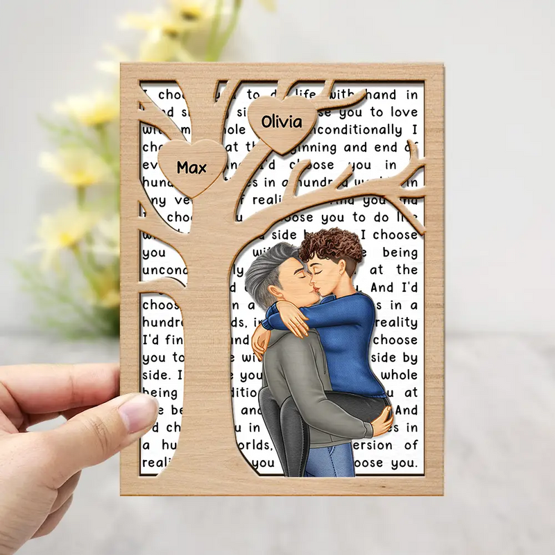 Gift For Couples,Love - Kissing Couple Tree Of Heart I Choose You - Personalized 2-Layered Wooden Plaque With Stand