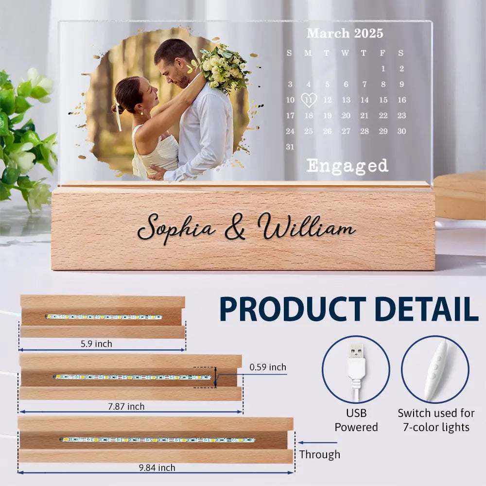 Love,Anniversary,Wedding Anniversary,Gift For Couples,Engaged,Married  - Custom Photo Calendar The Day We Became Mr & Mrs Couple Married Engaged Wedding Gift - Personalized Rectangle LED Light
