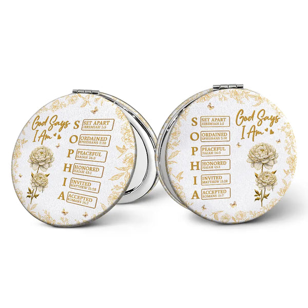 Gift For Yourself,Gift For Women,Happy,Gift For Men - God Says I Am Birth Flower 3D Effect Name Letter In Bible - Personalized Circle Compact Mirror