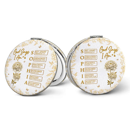 God Says I Am Birth Flower 3D Effect Name Letter In Bible - Personalized Circle Compact Mirror