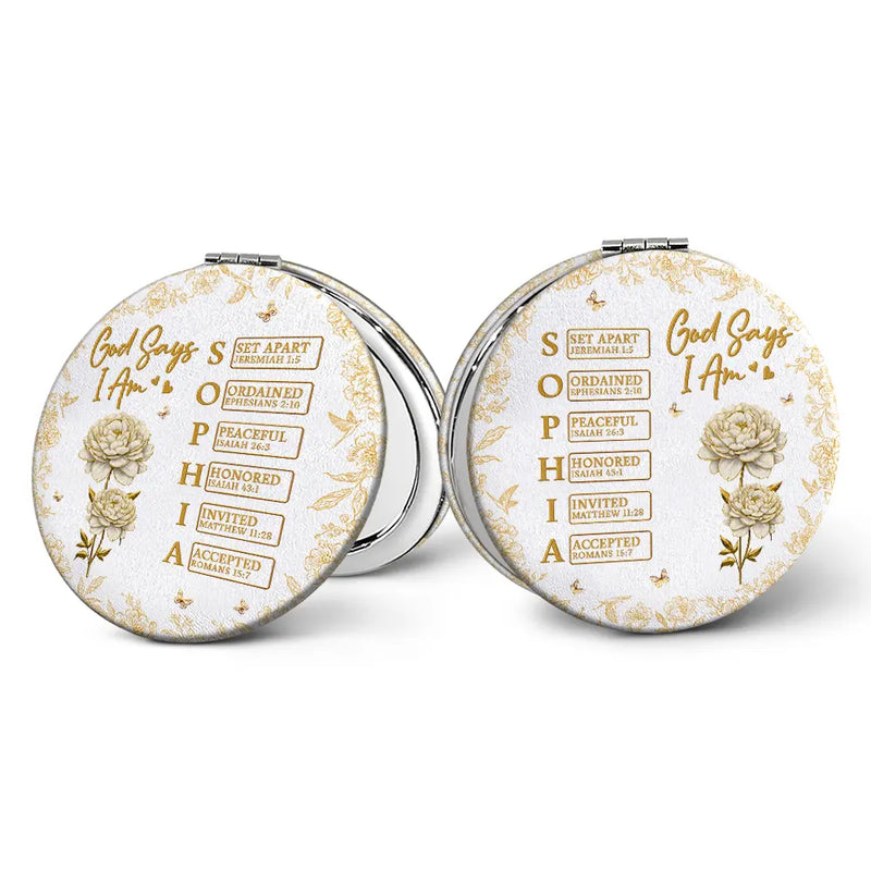 Gift For Yourself,Gift For Women,Happy,Gift For Men - God Says I Am Birth Flower 3D Effect Name Letter In Bible - Personalized Circle Compact Mirror