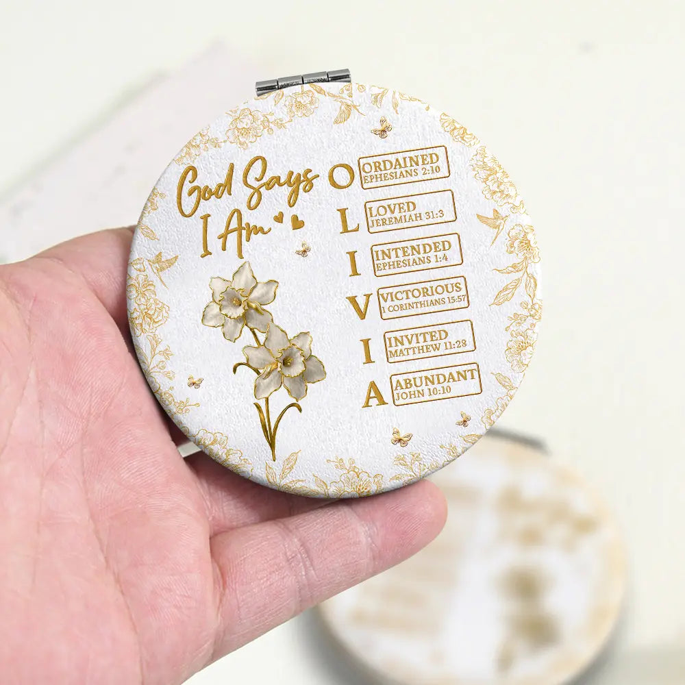 Gift For Yourself,Gift For Women,Happy,Gift For Men - God Says I Am Birth Flower 3D Effect Name Letter In Bible - Personalized Circle Compact Mirror
