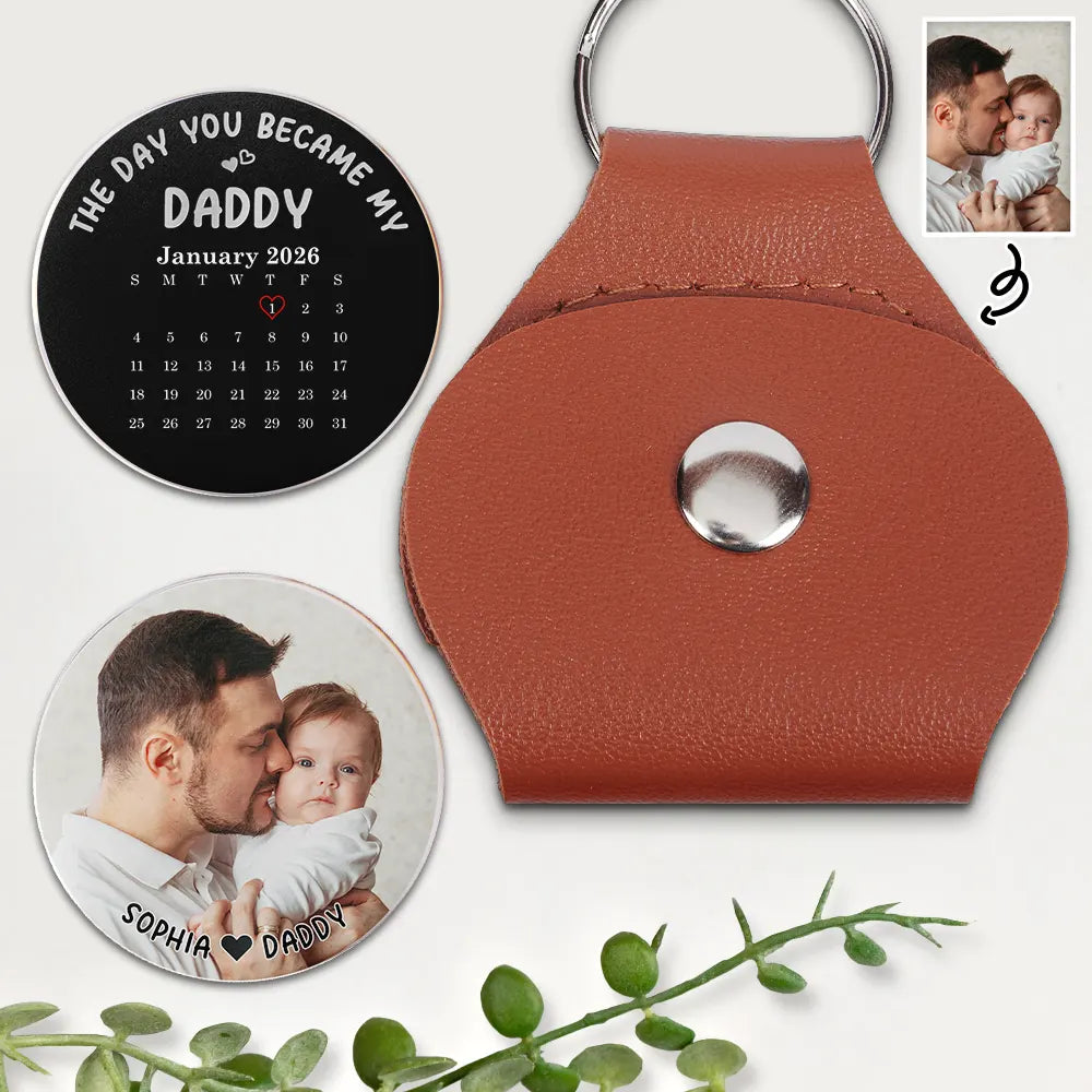 Gift For Father,Gift For Men,Gift For Husband,Happy,Gift For Mother,Gift For Women,New Dad,New Mom - Custom Photo Calendar The Day You Became My Daddy Papa - Personalized Leather Pocket Hug
