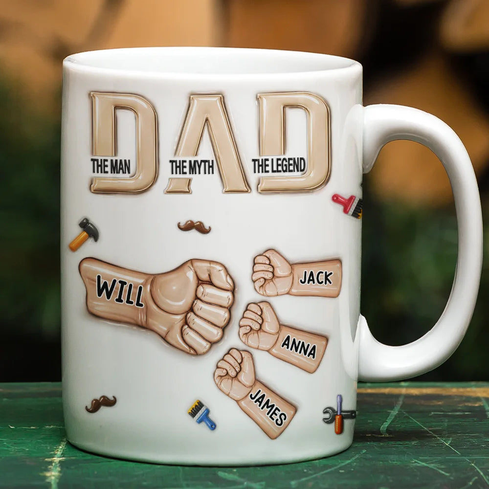 3D Inflated Effect Ceramic Hand Punch Dad The Man The Myth The Legend - Personalized White Edge-to-Edge Mug