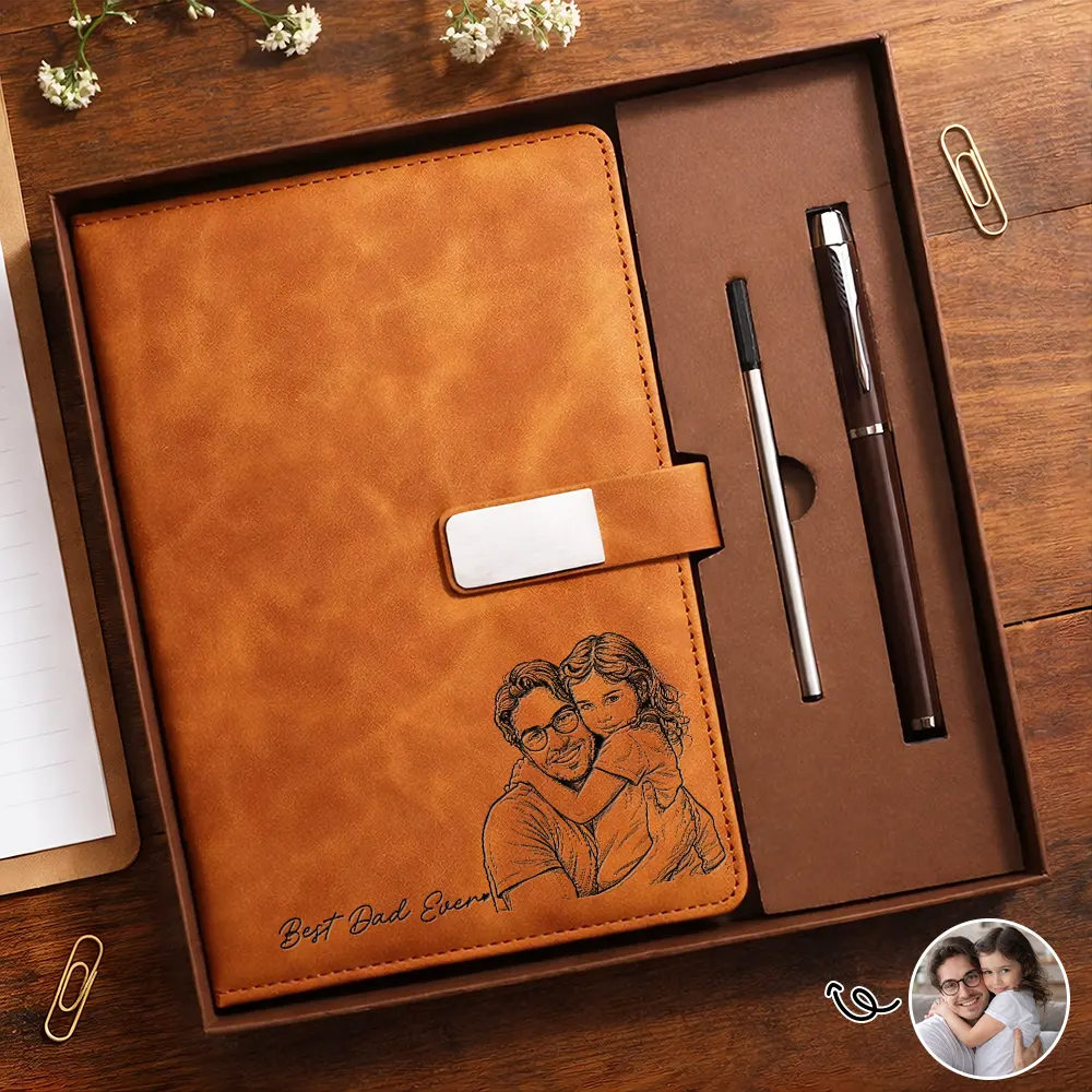 Gift For Father,Gift For Grandpa,Non-Eng,Photo - Pencil Sketch (Bold),Proud - Custom Photo Bold Sketch Best Dad Grandpa Ever Family Portrait - Personalized Leather Notebook Set
