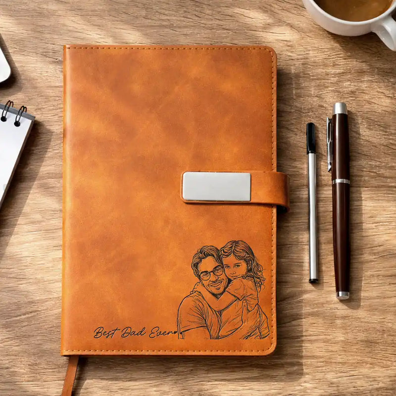 Gift For Father,Gift For Grandpa,Non-Eng,Photo - Pencil Sketch (Bold),Proud - Custom Photo Bold Sketch Best Dad Grandpa Ever Family Portrait - Personalized Leather Notebook Set