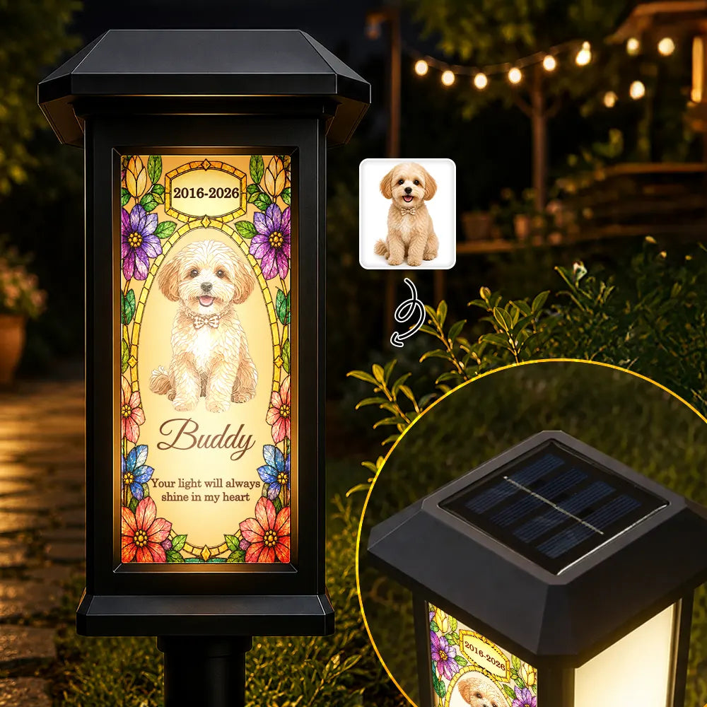 Custom Photo Stained Glass Memorial Dog Cat Pet Your Light Will Always Shine In My Heart - Personalized Solar Garden Light