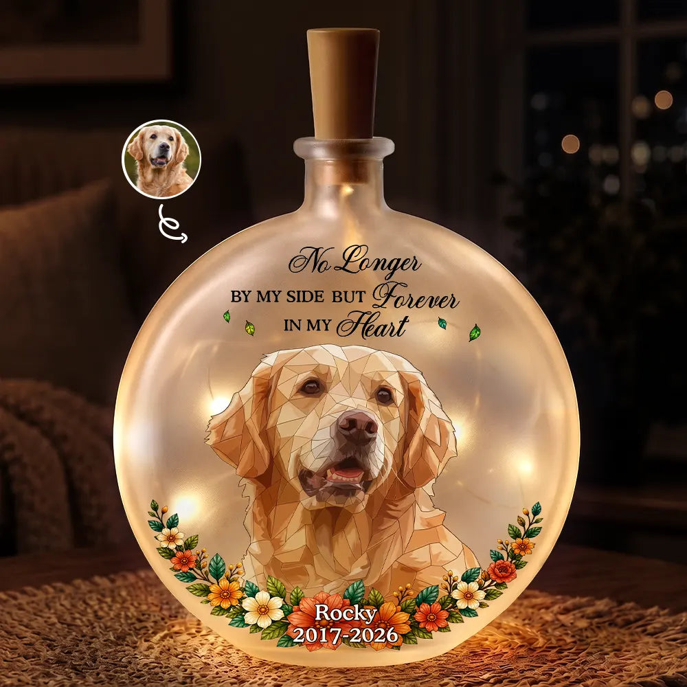 Art Design,Christmas,Pet Memorial,Sympathetic,Pet Lovers,Memorial,Photo - Stained Glass - Custom Photo Stained Glass Memorial Pet Forever In My Heart Always Loved - Personalized Round Flat Bottle Light