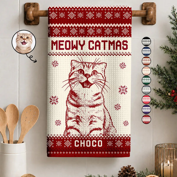 Art Design, Christmas, Custom Photo, Happy, Pet Lovers, Photo -  Knit-Style Line Art - Christmas Gift For Pet Lovers - Personalized Custom Photo Knit Line Art Pet Portrait Kitchen Towel