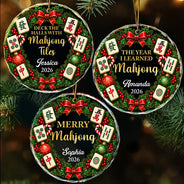 Christmas,Confident,Custom Text,Gift For Women,Gift For Yourself,Gifts For Her,Top Market - Christmas Gift For Mahjong Lovers - Personalized Merry Mahjong Circle Glass Ornament