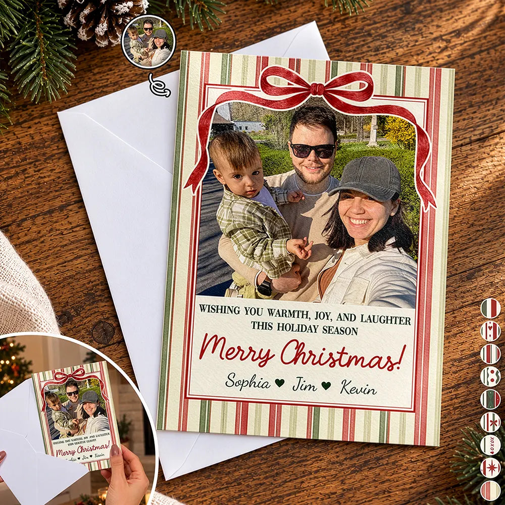 Christmas,Custom Photo,Family,Sentimental,Upload Full Photo - Merry Christmas, Happy Holidays Gift For Family, Grandparents, Friends - Personalized Custom Photo Coquette Bow Stripes Cards