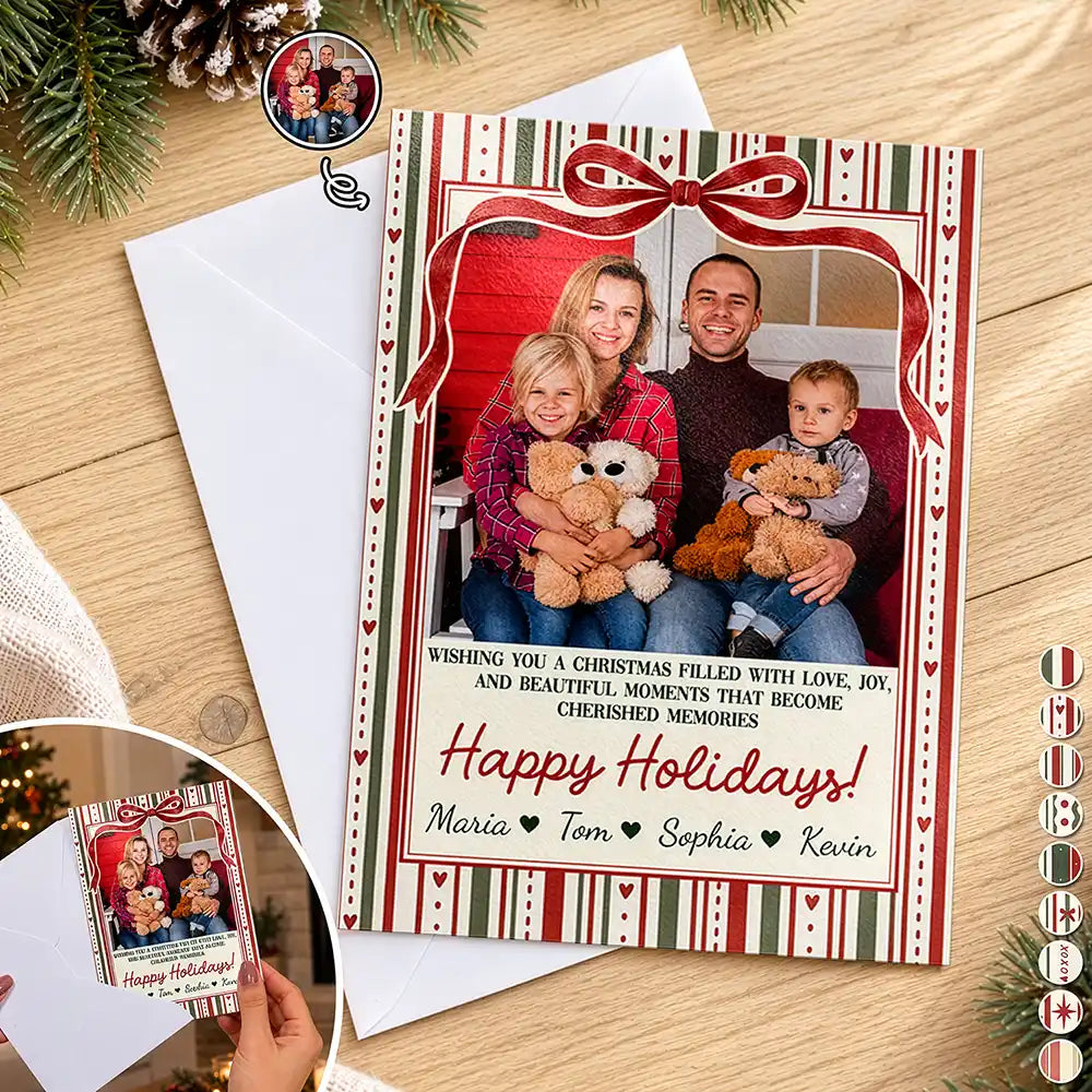 Christmas,Custom Photo,Family,Sentimental,Upload Full Photo - Merry Christmas, Happy Holidays Gift For Family, Grandparents, Friends - Personalized Custom Photo Coquette Bow Stripes Cards
