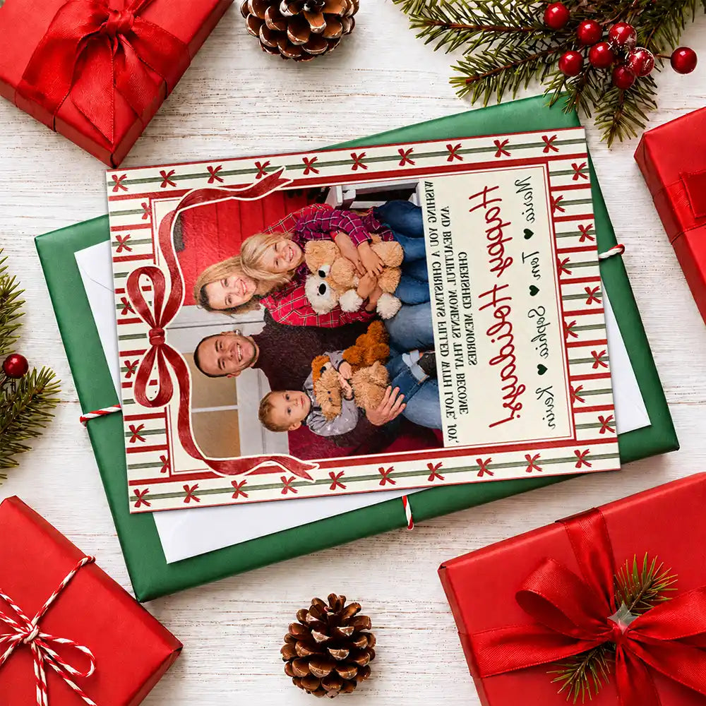 Christmas,Custom Photo,Family,Sentimental,Upload Full Photo - Merry Christmas, Happy Holidays Gift For Family, Grandparents, Friends - Personalized Custom Photo Coquette Bow Stripes Cards
