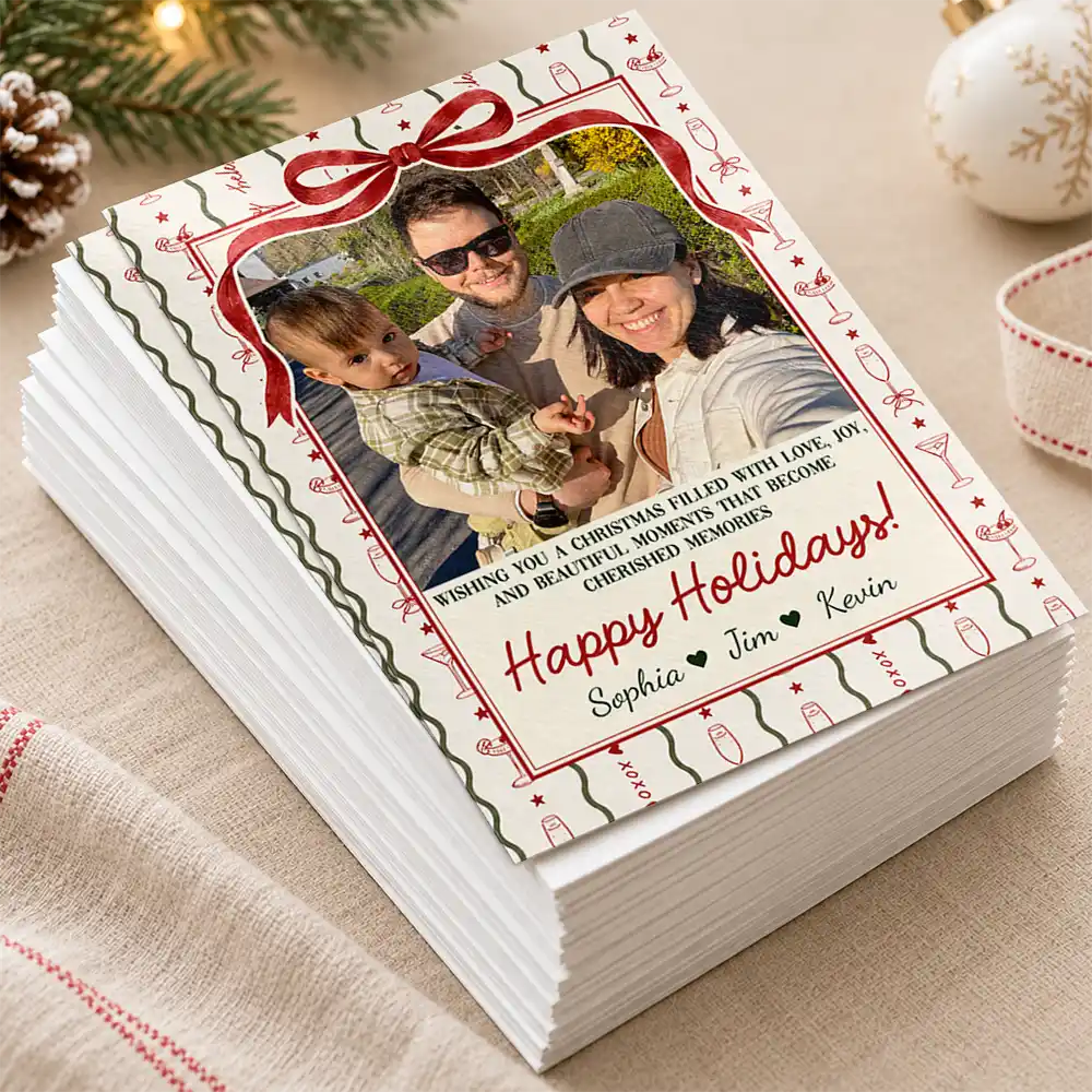 Christmas,Custom Photo,Family,Sentimental,Upload Full Photo - Merry Christmas, Happy Holidays Gift For Family, Grandparents, Friends - Personalized Custom Photo Coquette Bow Stripes Cards