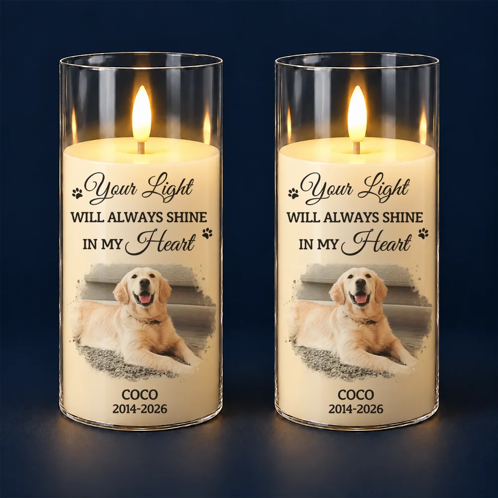 Christmas,Custom Photo,Memorial,Pet Lovers,Pet Memorial,Sympathetic,Upload Full Photo - Pet Memorial Gift - Personalized Custom Photo Your Light Always Shines In My Heart LED Candle