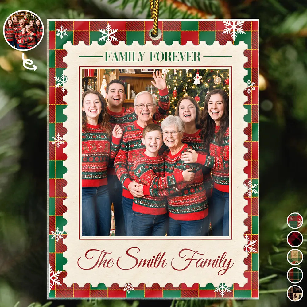 Christmas Gifts For Family - Personalized Custom Photo Family Name Plaid Pattern Acrylic Ornament