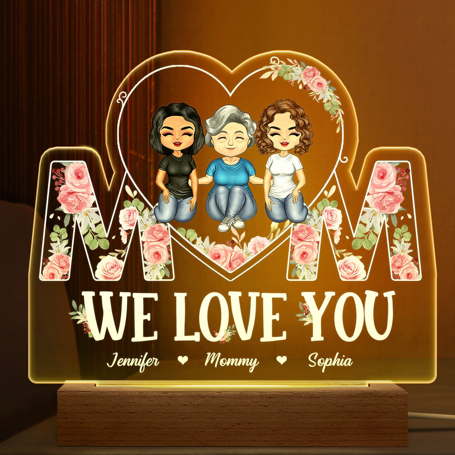 We Love You - Birthday, Loving Gift For Mom, Mother, Grandma, Grandmother - Personalized Custom 3D Led Light Wooden Base