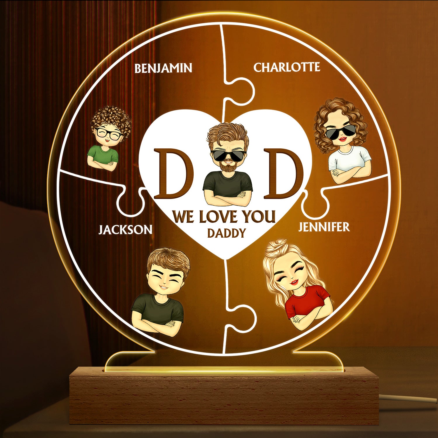 Dad We Love You - Birthday Gift For Father, Grandpa, Family - Personalized Custom 3D Led Light Wooden Base