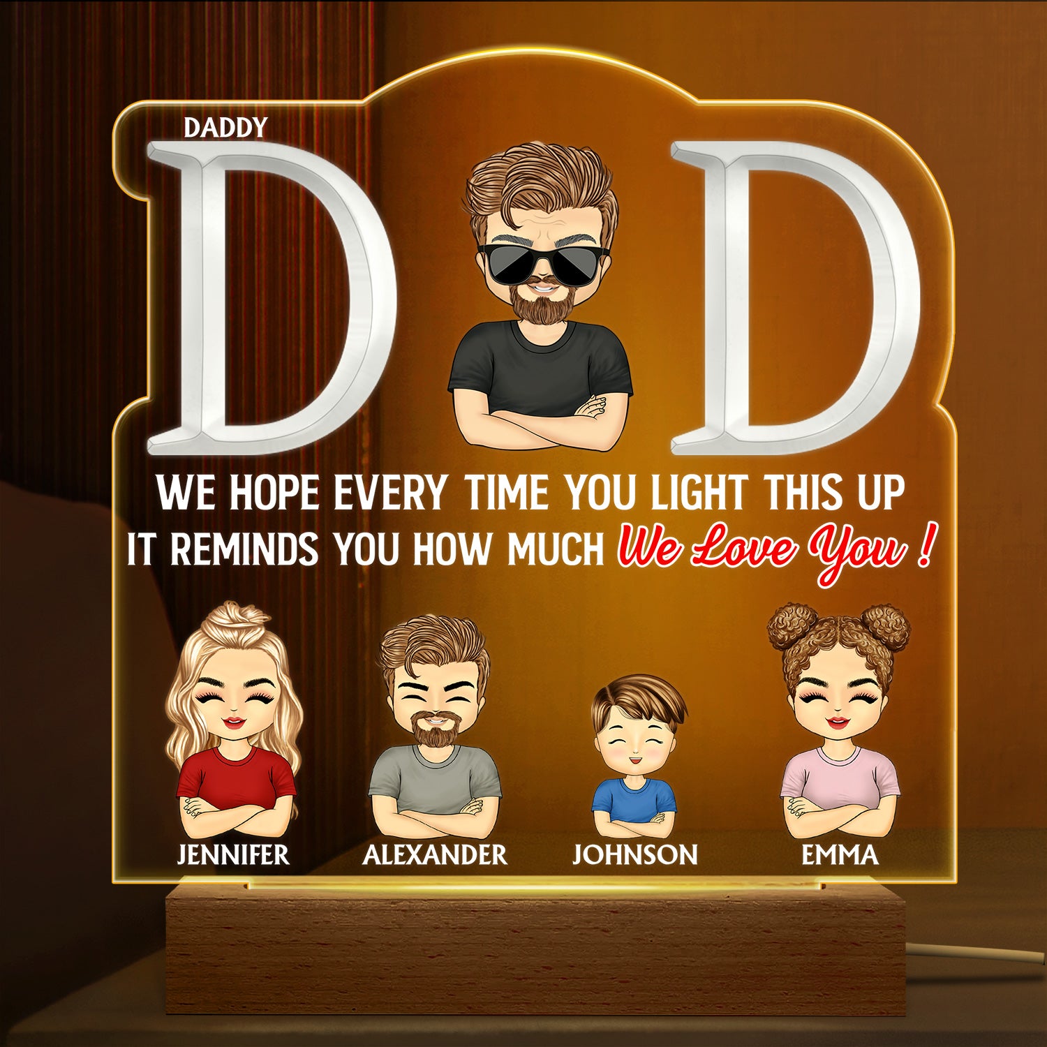 Dad We Hope Every Time You Light This Up - Birthday Gift For Father, Grandpa, Family - Personalized Custom 3D Led Light Wooden Base