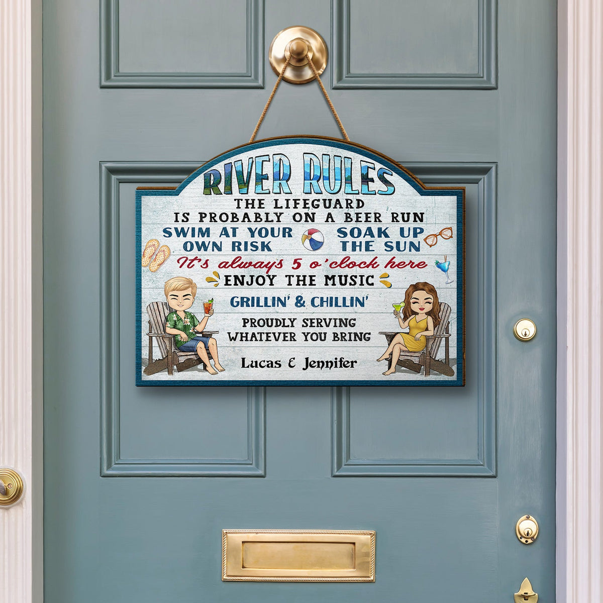 Pool Rules Swim At Your Own Risk Grilling Chibi - Home Decor, Backyard Decor, Gift For Her, Him, Family, Couples, Husband, Wife - Personalized Custom Shaped Wood Sign