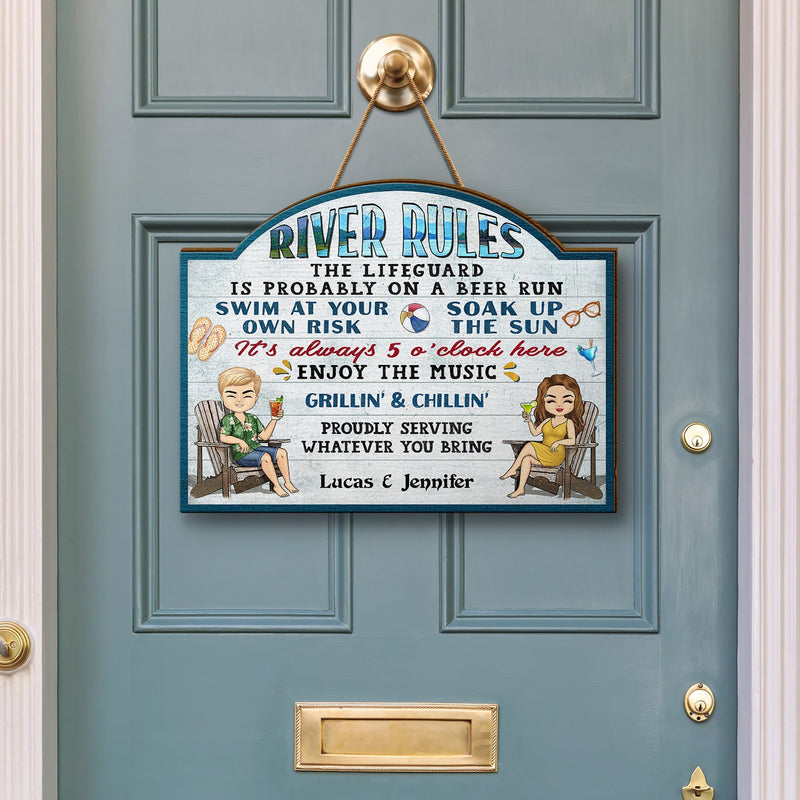 Pool Rules Swim At Your Own Risk Grilling Chibi - Home Decor, Backyard Decor, Gift For Her, Him, Family, Couples, Husband, Wife - Personalized Custom Shaped Wood Sign