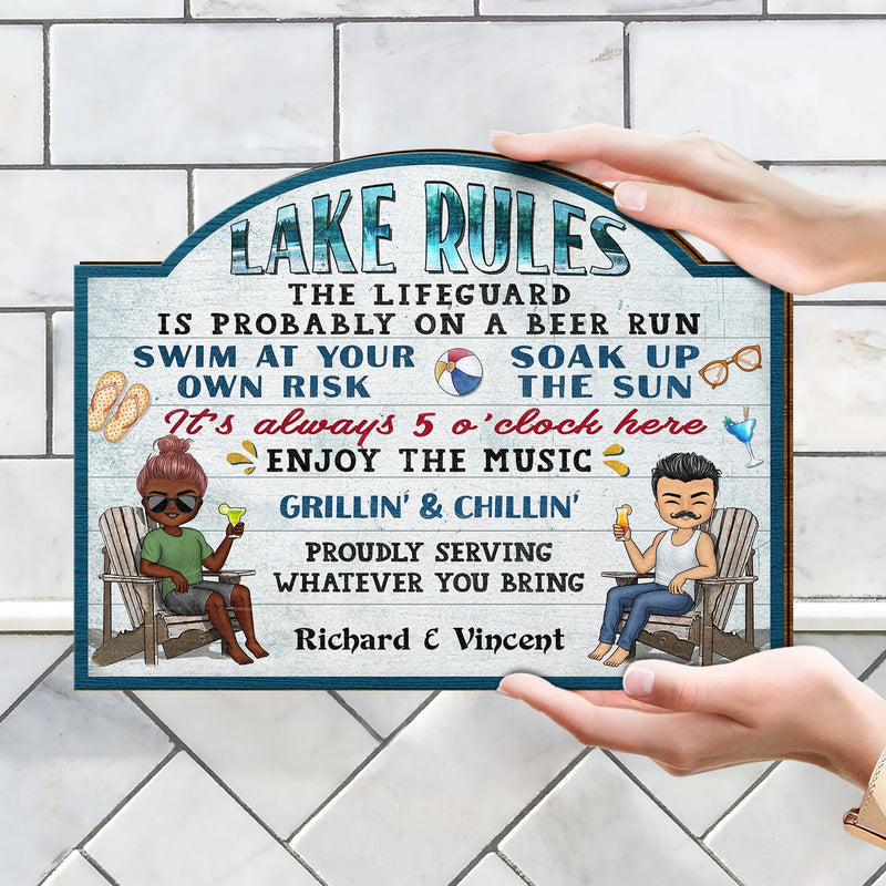 Pool Rules Swim At Your Own Risk Grilling Chibi - Home Decor, Backyard Decor, Gift For Her, Him, Family, Couples, Husband, Wife - Personalized Custom Shaped Wood Sign