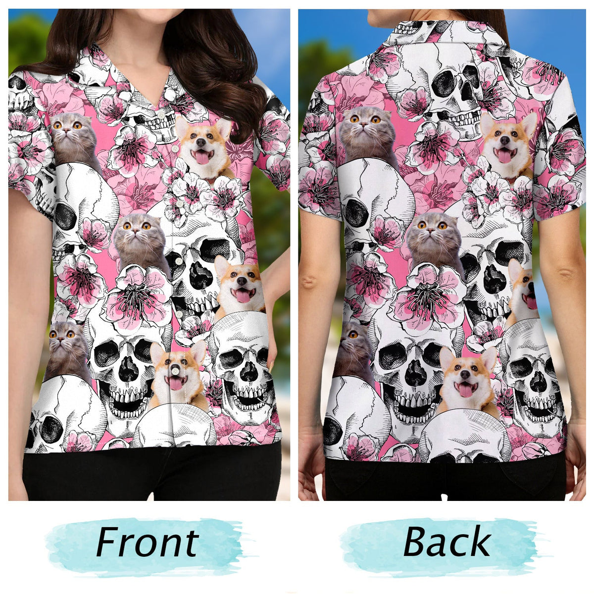 Custom Photo Skull Family Pet Face Tropical Leaf - Gift For Men, Dog And Cat Lovers - Personalized Custom Hawaiian Shirt