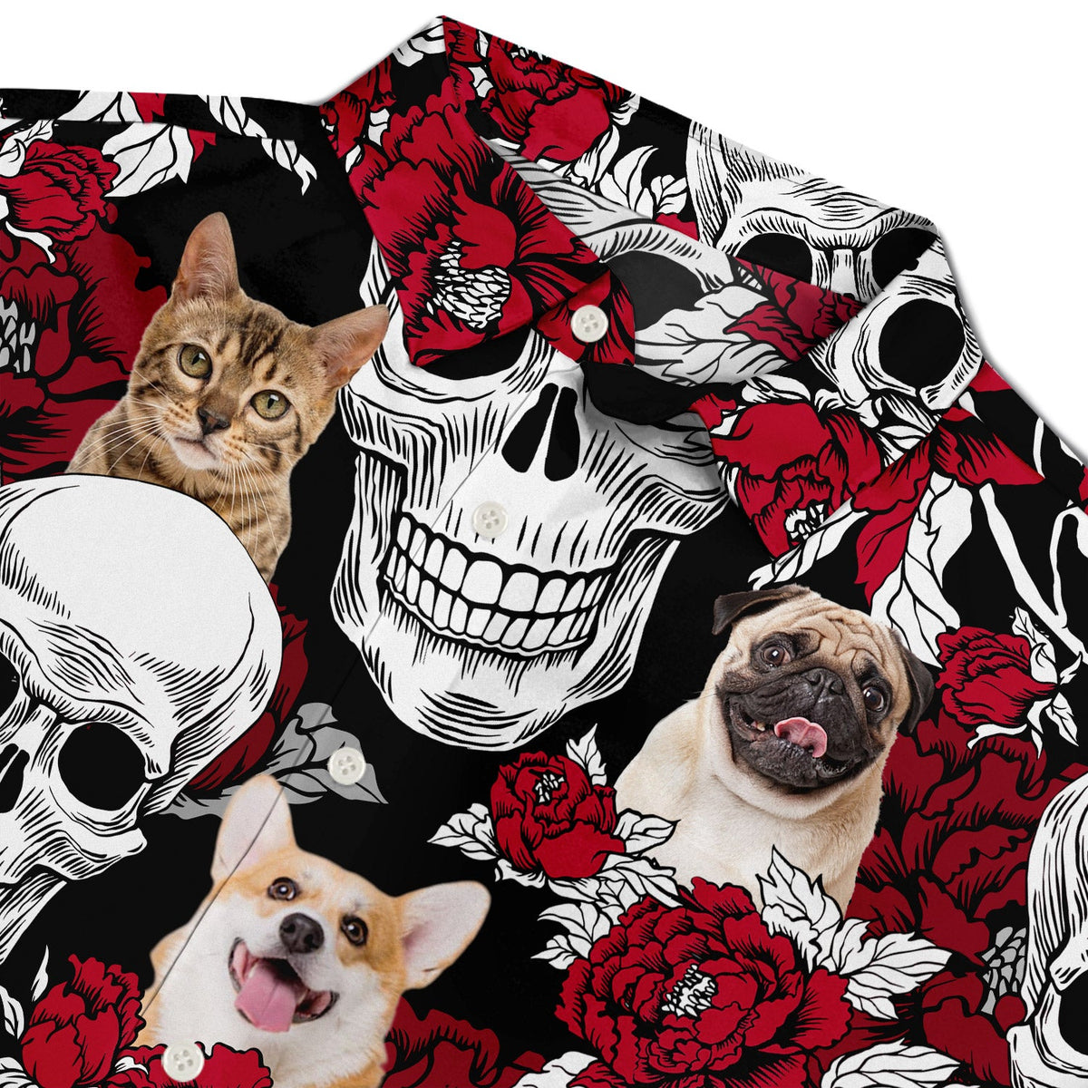 Custom Photo Skull Family Pet Face Tropical Leaf - Gift For Men, Dog And Cat Lovers - Personalized Custom Hawaiian Shirt