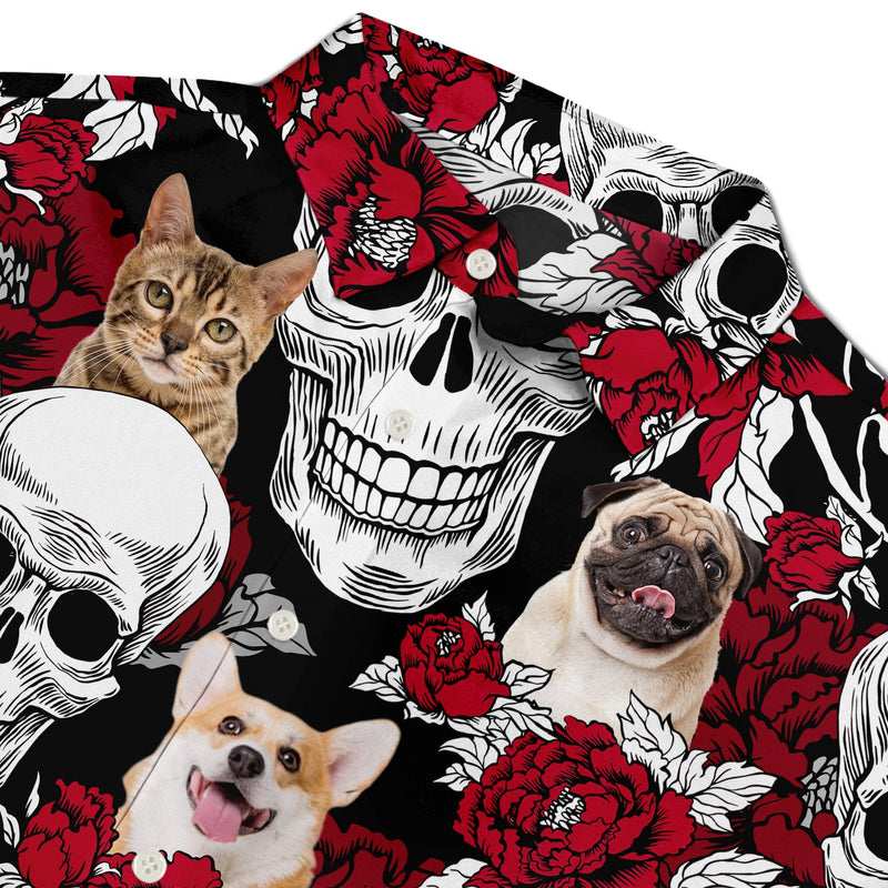 Custom Photo Skull Family Pet Face Tropical Leaf - Gift For Men, Dog And Cat Lovers - Personalized Custom Hawaiian Shirt
