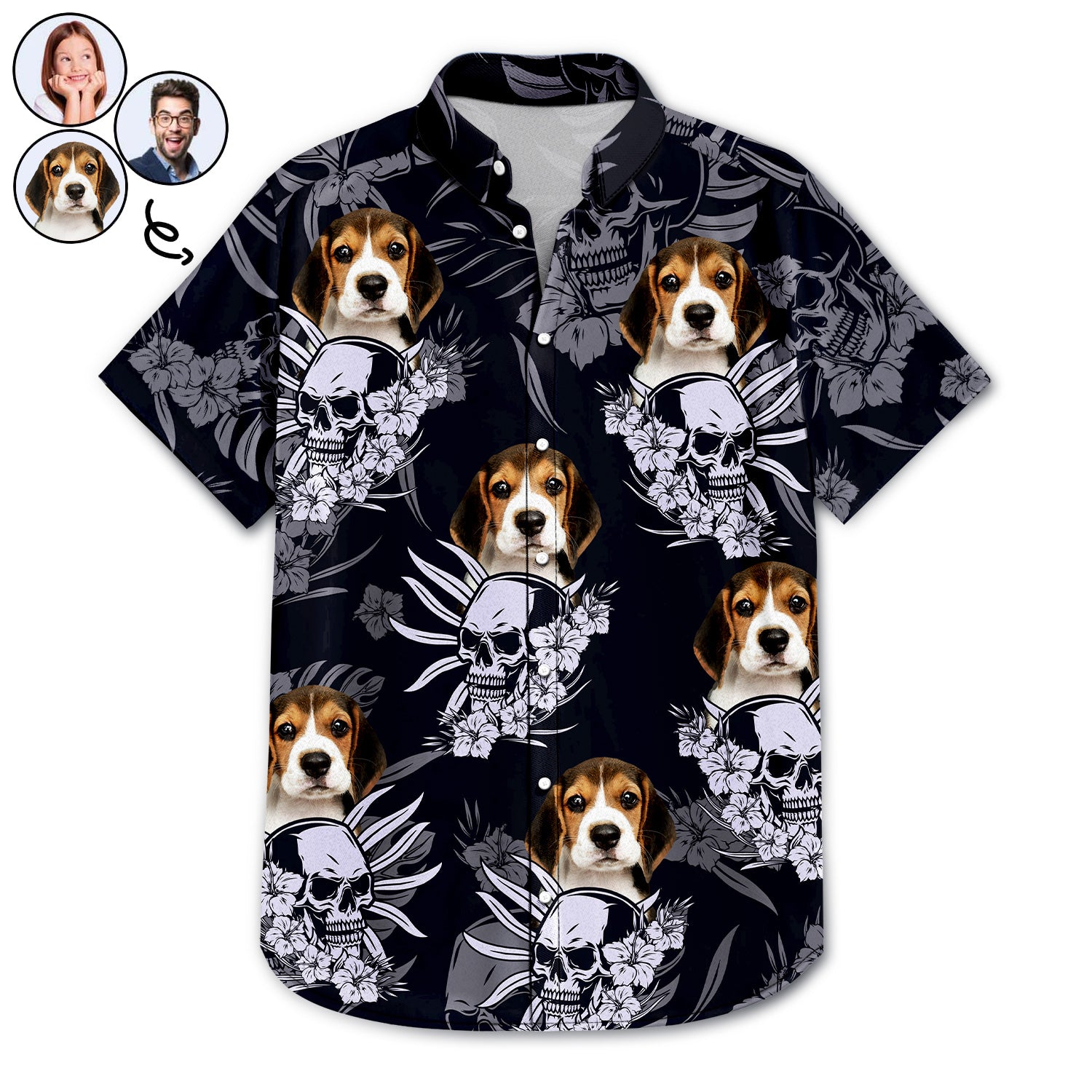 Custom Photo Skull Family Pet Face Tropical Leaf - Gift For Men, Dog And Cat Lovers - Personalized Custom Hawaiian Shirt