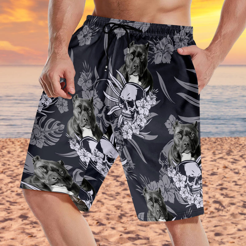 Custom Photo Skull Family Pet Face Tropical Leaf - Gift For Men, Dog And Cat Lovers - Personalized Custom Unisex Beach Shorts