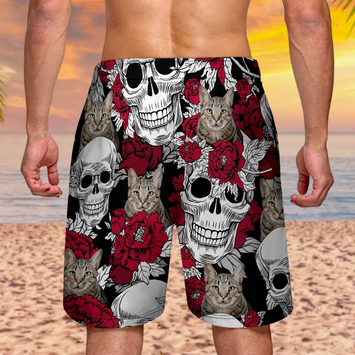 Custom Photo Skull Family Pet Face Tropical Leaf - Gift For Men, Dog And Cat Lovers - Personalized Custom Unisex Beach Shorts
