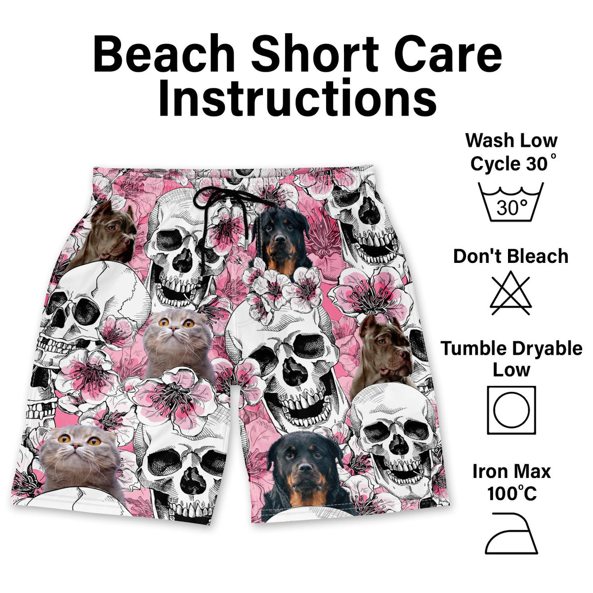 Custom Photo Skull Family Pet Face Tropical Leaf - Gift For Men, Dog And Cat Lovers - Personalized Custom Unisex Beach Shorts