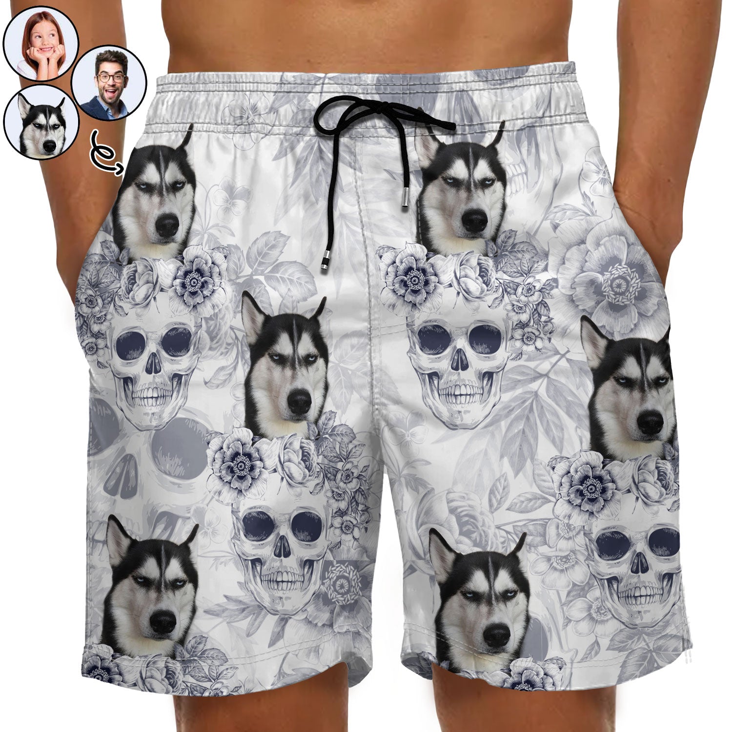Custom Photo Skull Family Pet Face Tropical Leaf - Gift For Men, Dog And Cat Lovers - Personalized Custom Unisex Beach Shorts