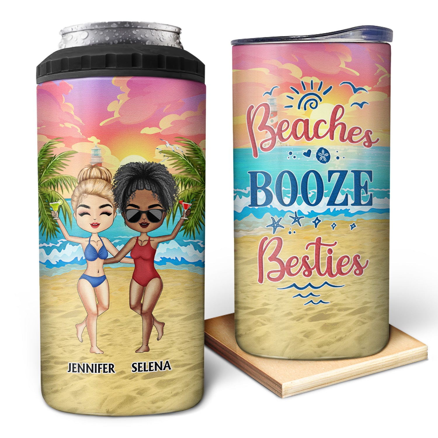 Beaches Booze Besties Best Friends - Gift For BFF, Siblings, Colleagues - Personalized Custom 4 In 1 Can Cooler Tumbler