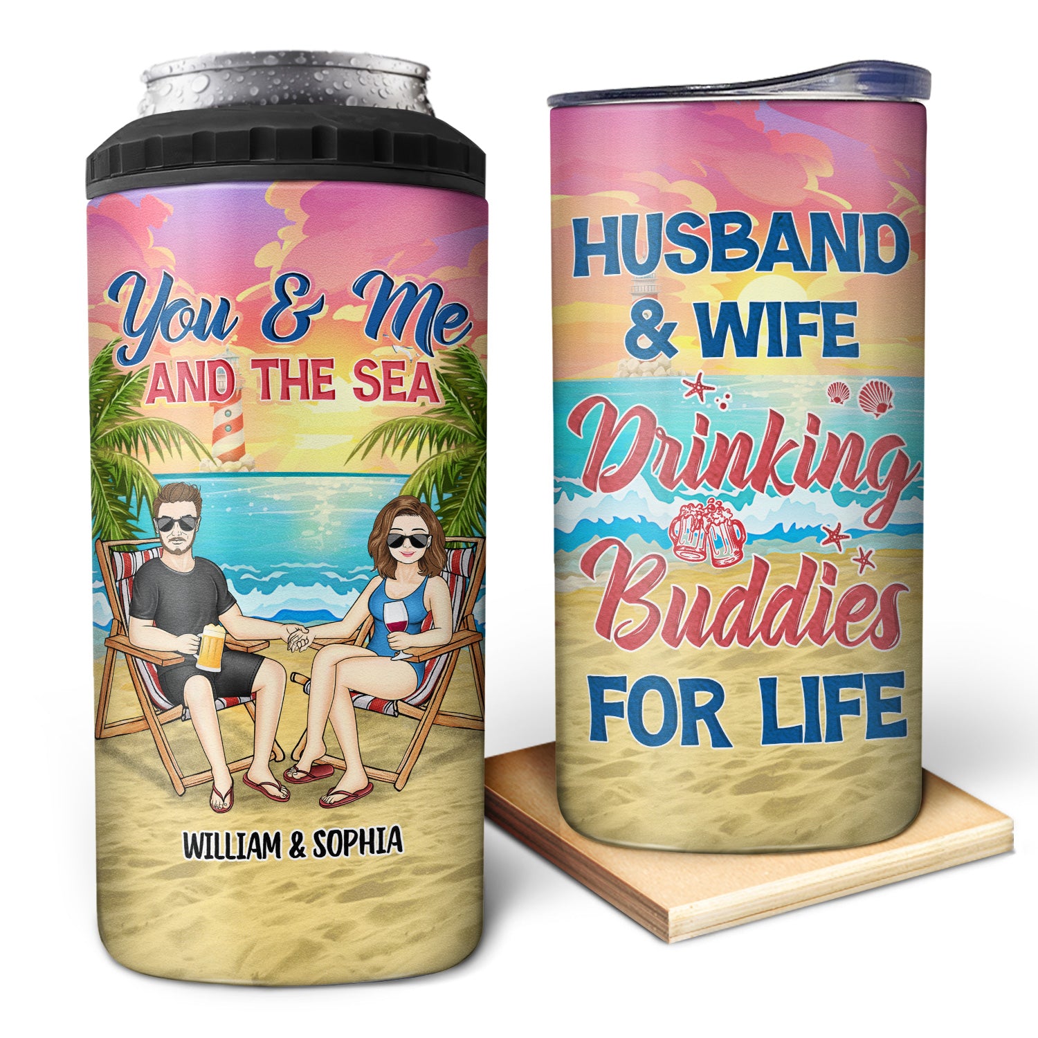 Husband And Wife Drinking Buddies For Life - Gift For Couples, Beach, Travel Lovers - Personalized Custom 4 In 1 Can Cooler Tumbler