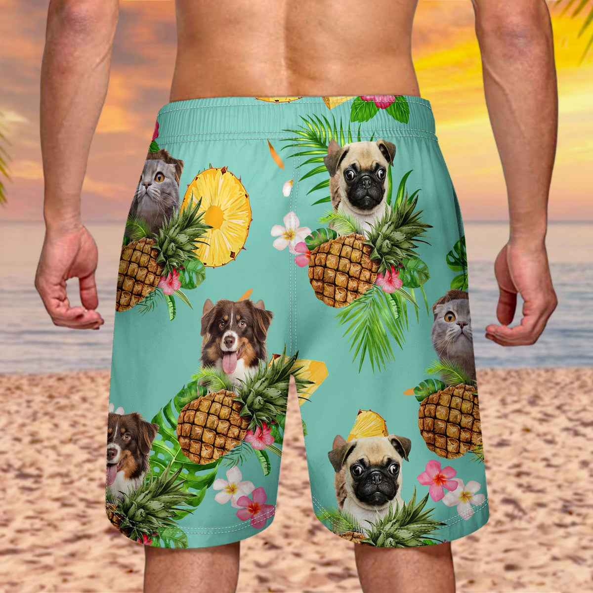 Photo personnalisée drôle de visage d'animal de compagnie de famille fruits tropicaux - Cadeau amusant pour les amoureux des animaux, maman chien, maman chat, papa chien, papa chat - Short de plage unisexe personnalisé