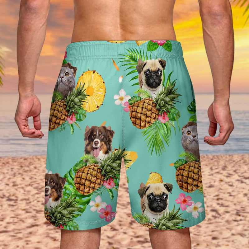 Photo personnalisée drôle de visage d'animal de compagnie de famille fruits tropicaux - Cadeau amusant pour les amoureux des animaux, maman chien, maman chat, papa chien, papa chat - Short de plage unisexe personnalisé
