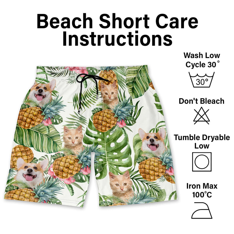 Photo personnalisée drôle de visage d'animal de compagnie de famille fruits tropicaux - Cadeau amusant pour les amoureux des animaux, maman chien, maman chat, papa chien, papa chat - Short de plage unisexe personnalisé