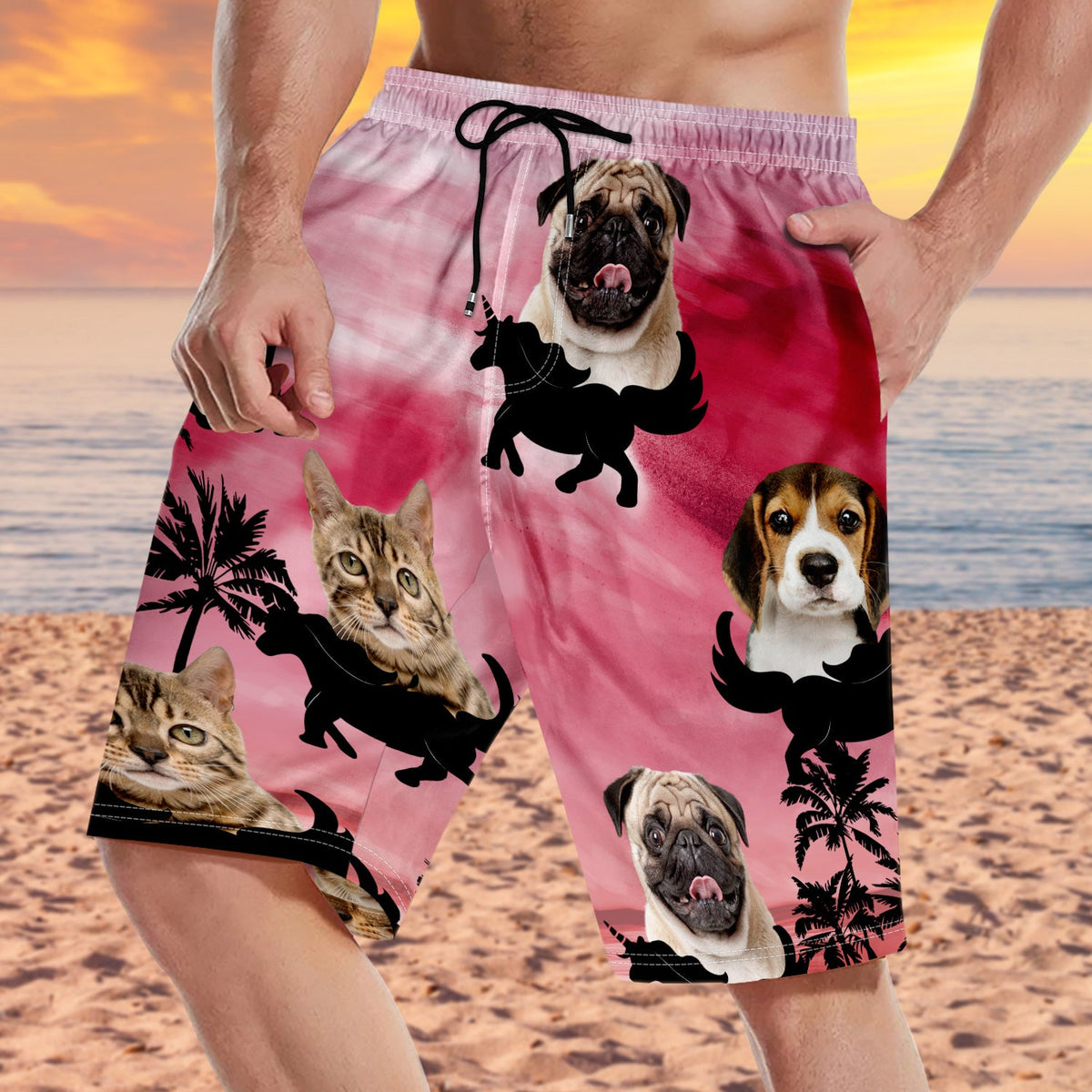 Photo personnalisée drôle de visage d'animal de compagnie couleur coucher de soleil - Cadeau amusant pour les amoureux des animaux, maman chien, maman chat, papa chien, papa chat - Short de plage unisexe personnalisé