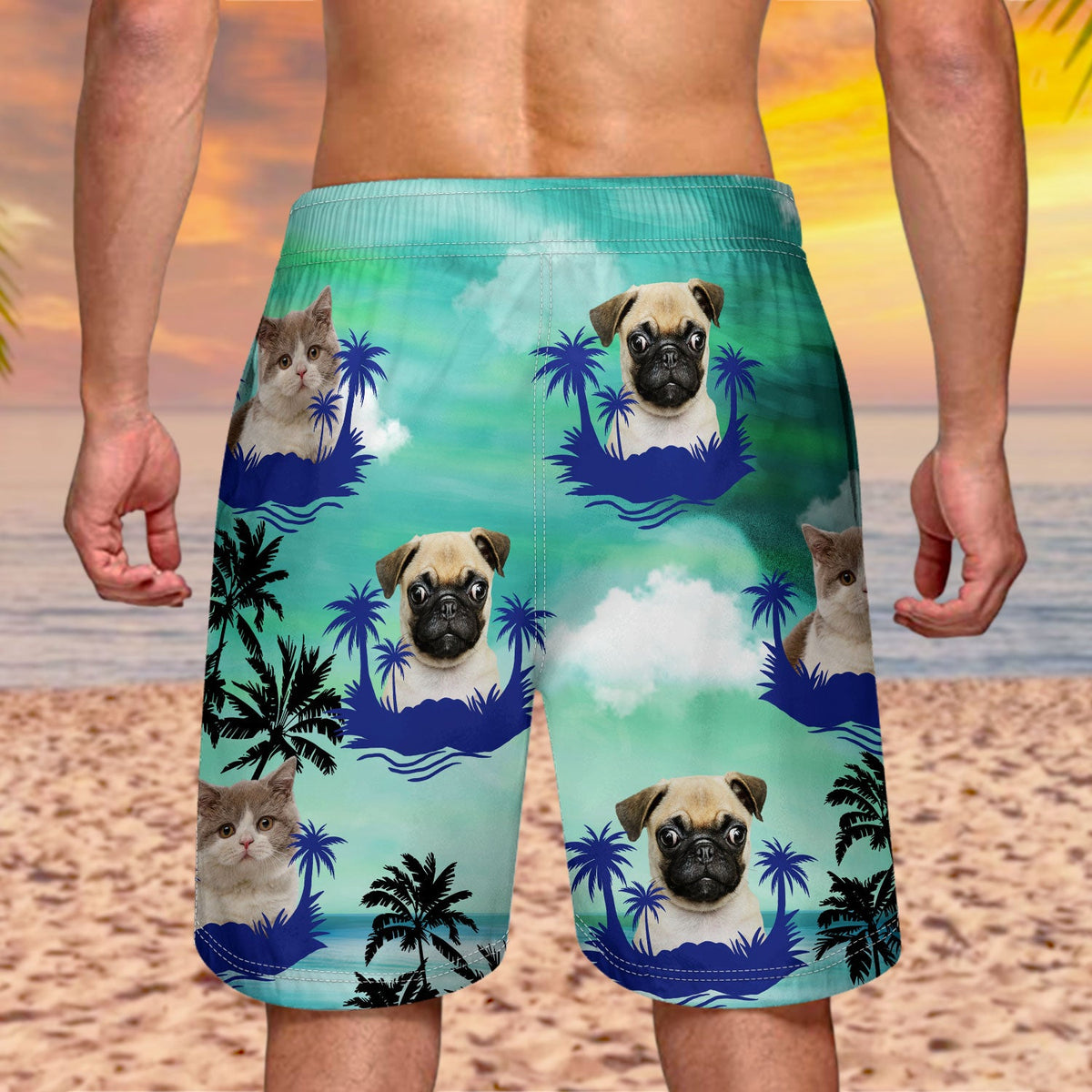 Photo personnalisée drôle de visage d'animal de compagnie couleur coucher de soleil - Cadeau amusant pour les amoureux des animaux, maman chien, maman chat, papa chien, papa chat - Short de plage unisexe personnalisé