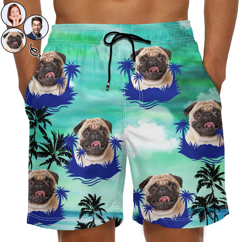 Photo personnalisée drôle de visage d'animal de compagnie couleur coucher de soleil - Cadeau amusant pour les amoureux des animaux, maman chien, maman chat, papa chien, papa chat - Short de plage unisexe personnalisé