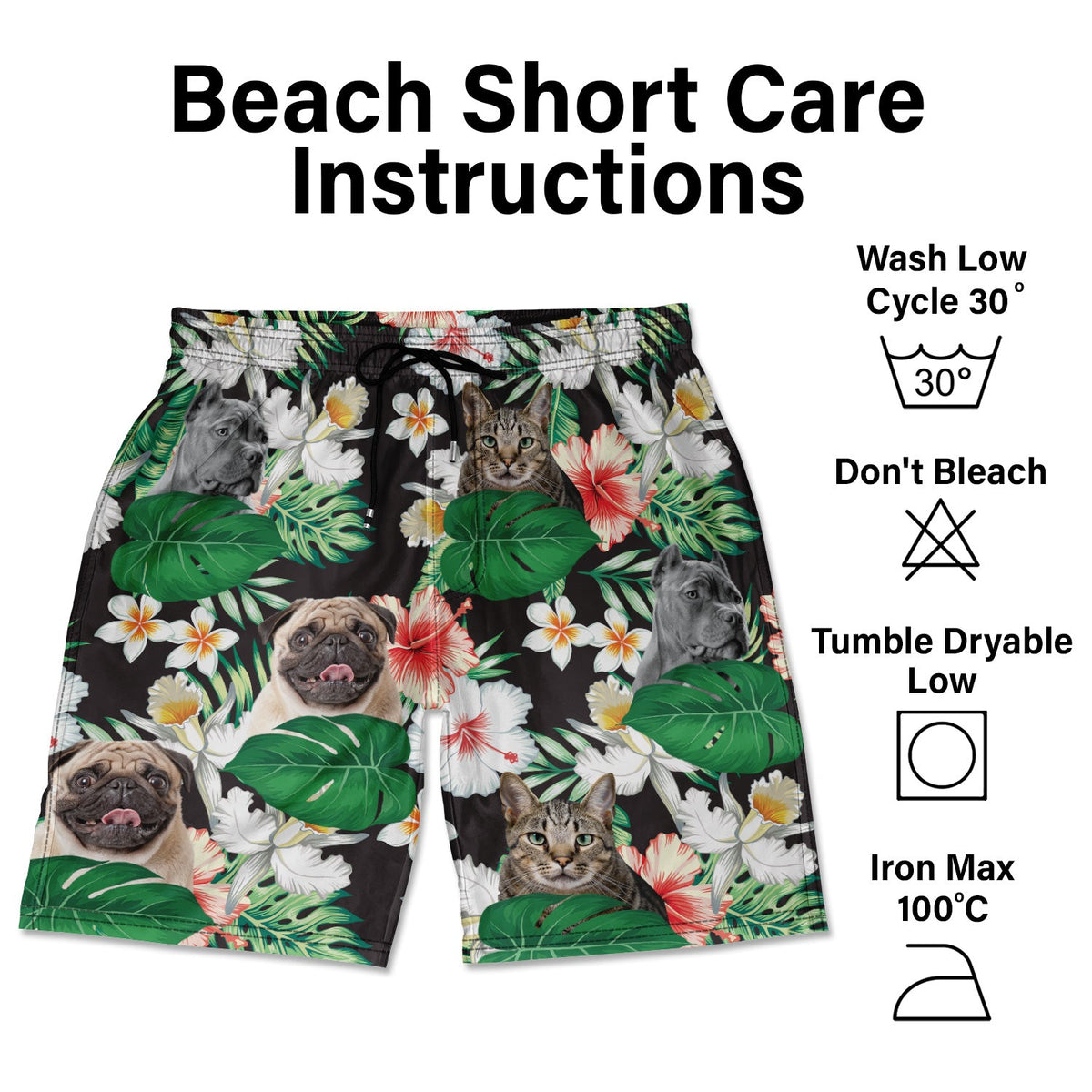 Custom Photo Funny Family Pet Face Black Tropical Flower - Funny Gift For Pet Lovers, Dog Mom, Cat Mom, Dog Dad, Cat Dad - Personalized Unisex Beach Shorts