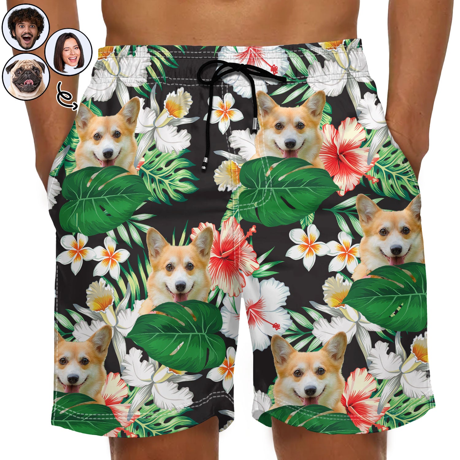 Custom Photo Funny Family Pet Face Black Tropical Flower - Funny Gift For Pet Lovers, Dog Mom, Cat Mom, Dog Dad, Cat Dad - Personalized Unisex Beach Shorts