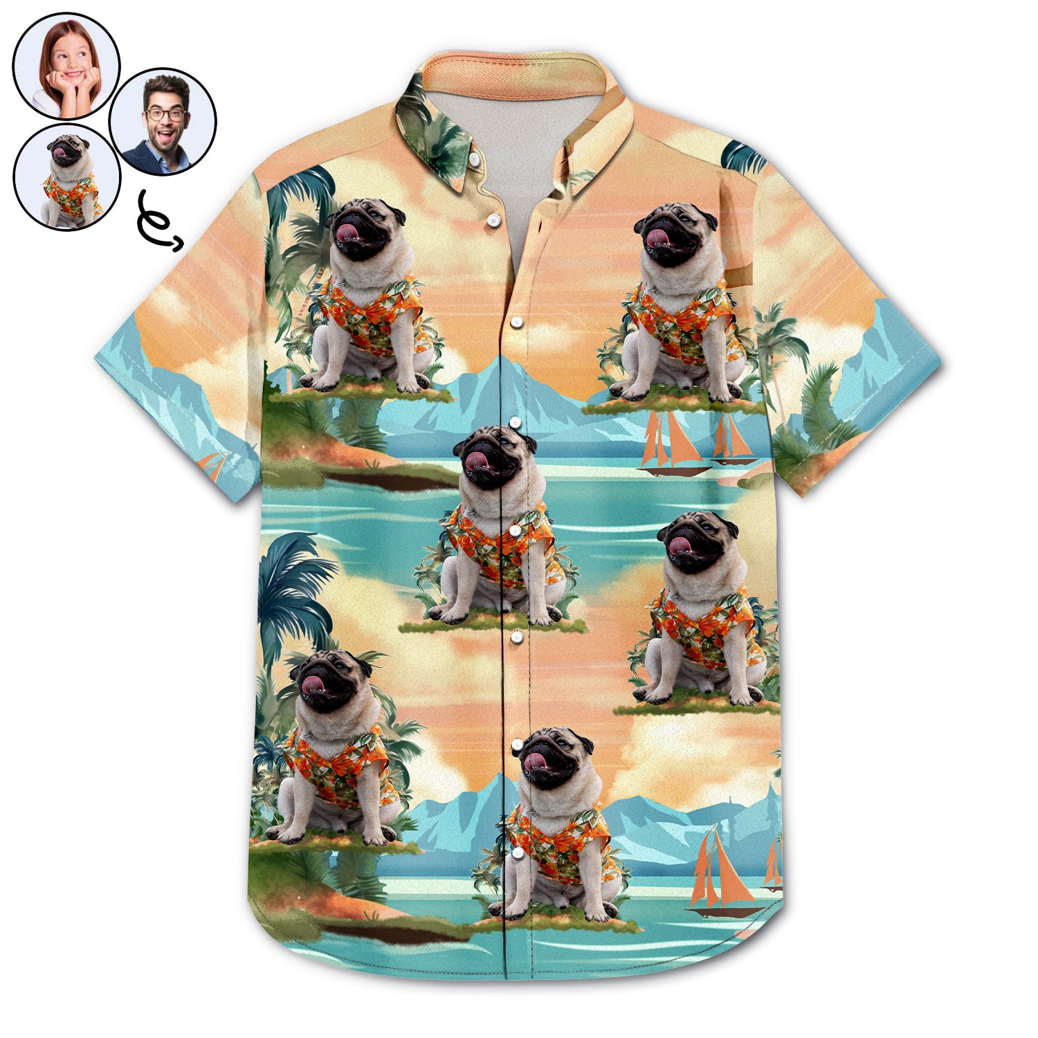 Custom Photo Funny Family Pet Face Tropical Island - Funny Gift For Pet Lovers, Dog Mom, Cat Mom, Dog Dad, Cat Dad - Personalized Hawaiian Shirt