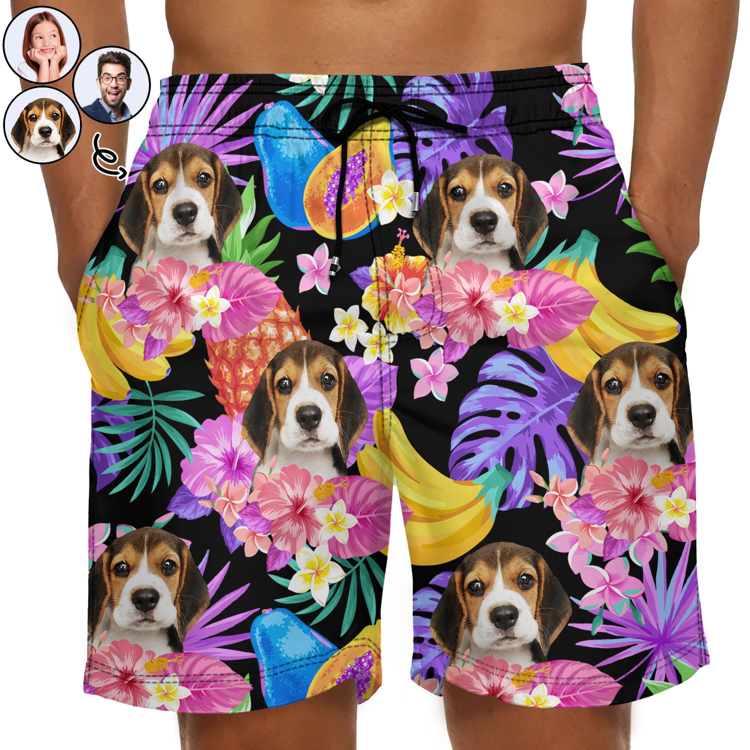 Custom Photo Funny Family Pet Face Black Colorful Tropical - Funny Gift For Pet Lovers, Dog Mom, Cat Mom, Dog Dad, Cat Dad - Personalized Unisex Beach Shorts