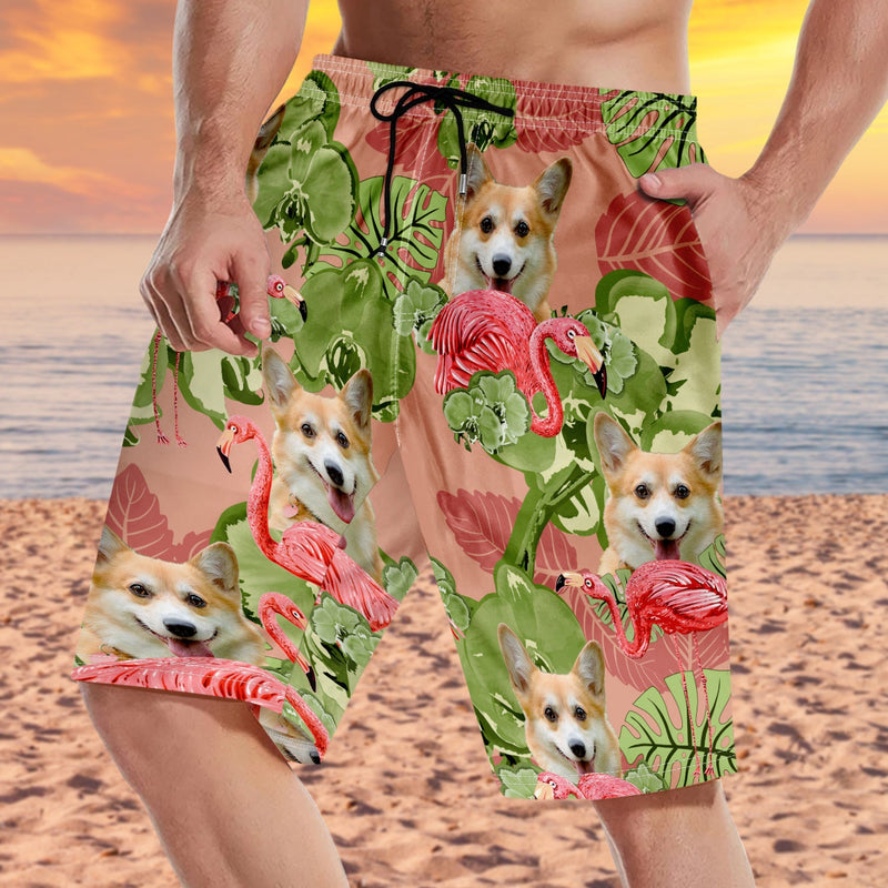 Custom Photo Funny Family Pet Face Flamingo - Funny Gift For Pet Lovers, Dog Mom, Cat Mom, Dog Dad, Cat Dad - Personalized Unisex Beach Shorts