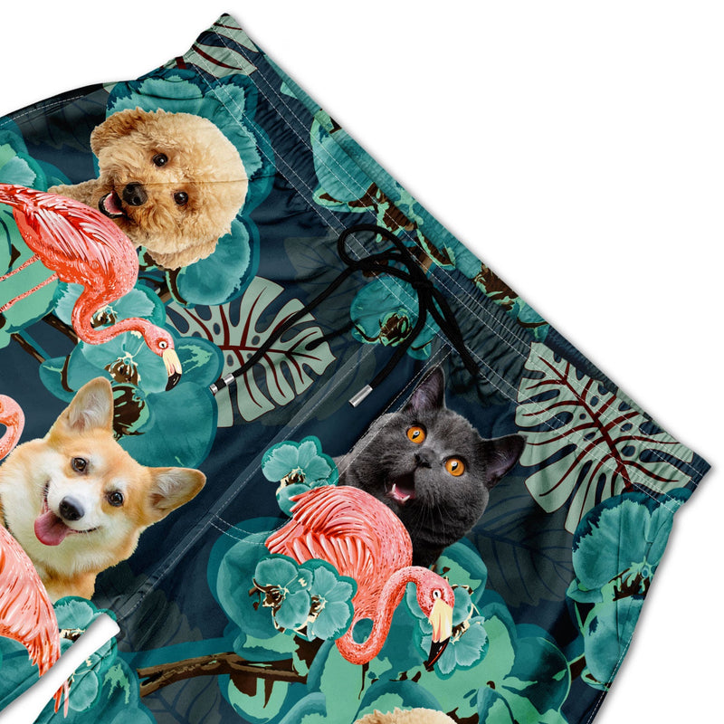Custom Photo Funny Family Pet Face Flamingo - Funny Gift For Pet Lovers, Dog Mom, Cat Mom, Dog Dad, Cat Dad - Personalized Unisex Beach Shorts