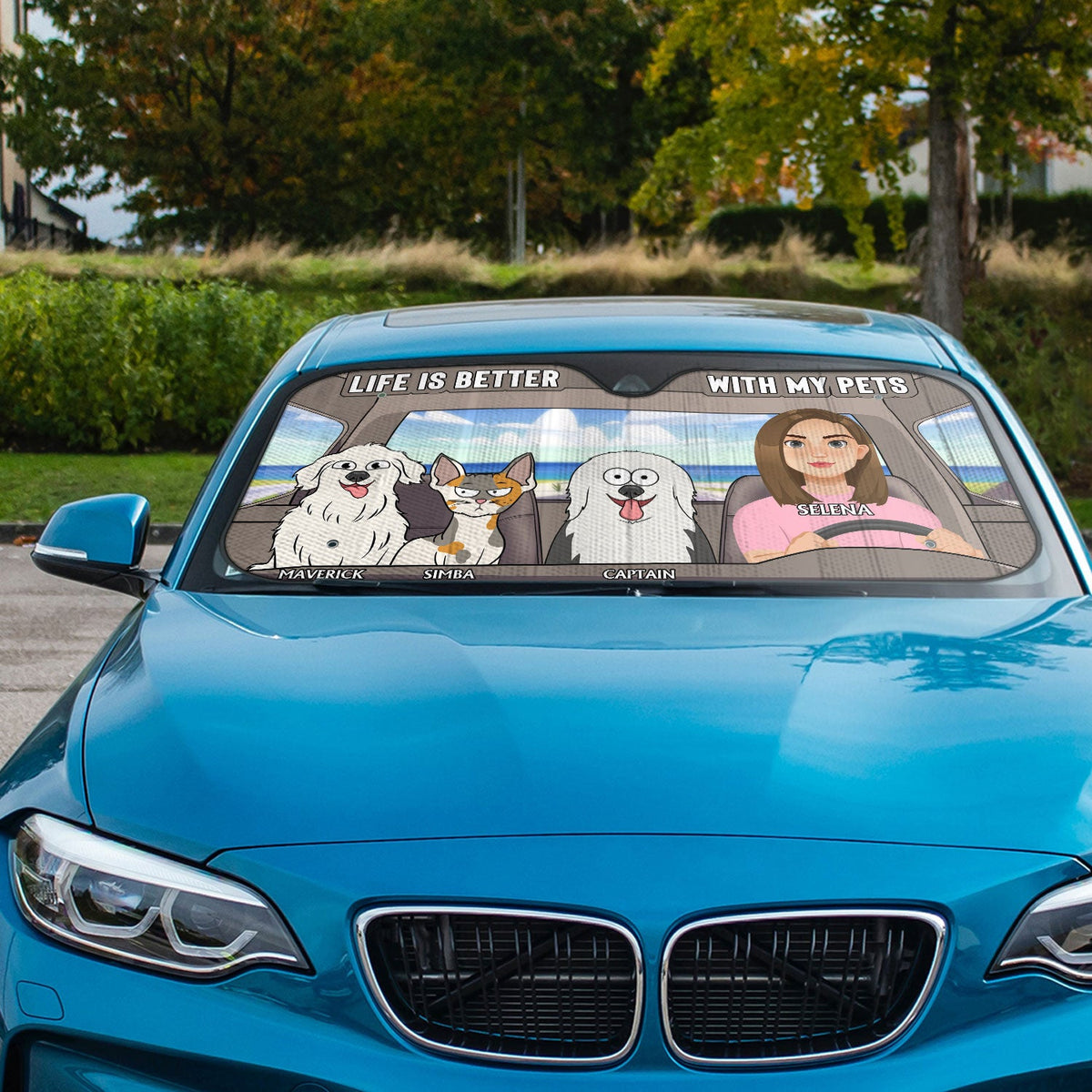 La vie est meilleure avec mes animaux de compagnie - Cadeau pour les amoureux des animaux - Pare-soleil de voiture personnalisé