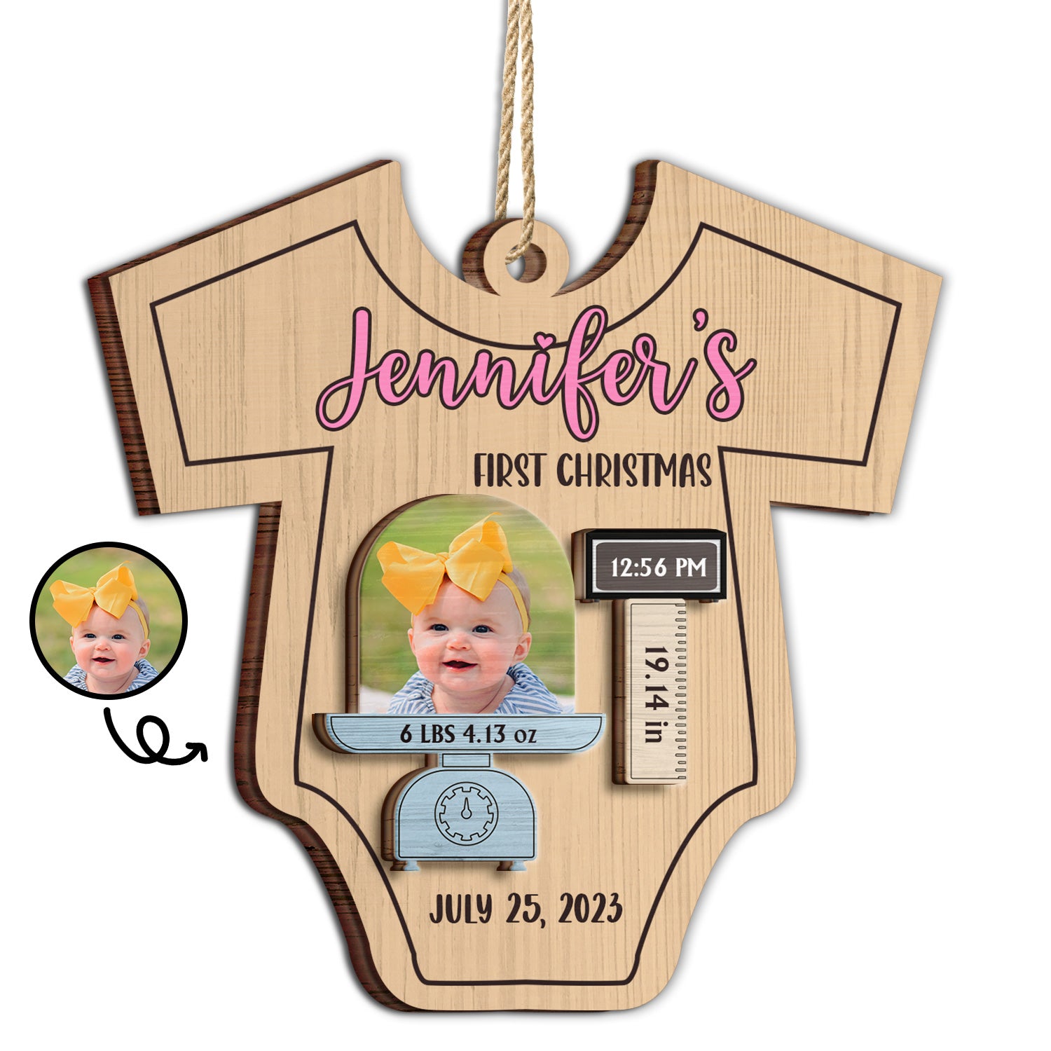 Custom Photo Lovely Baby Face First Christmas - Christmas Gift For Baby, Newborn Baby - Personalized 2-Layered Wooden Ornament